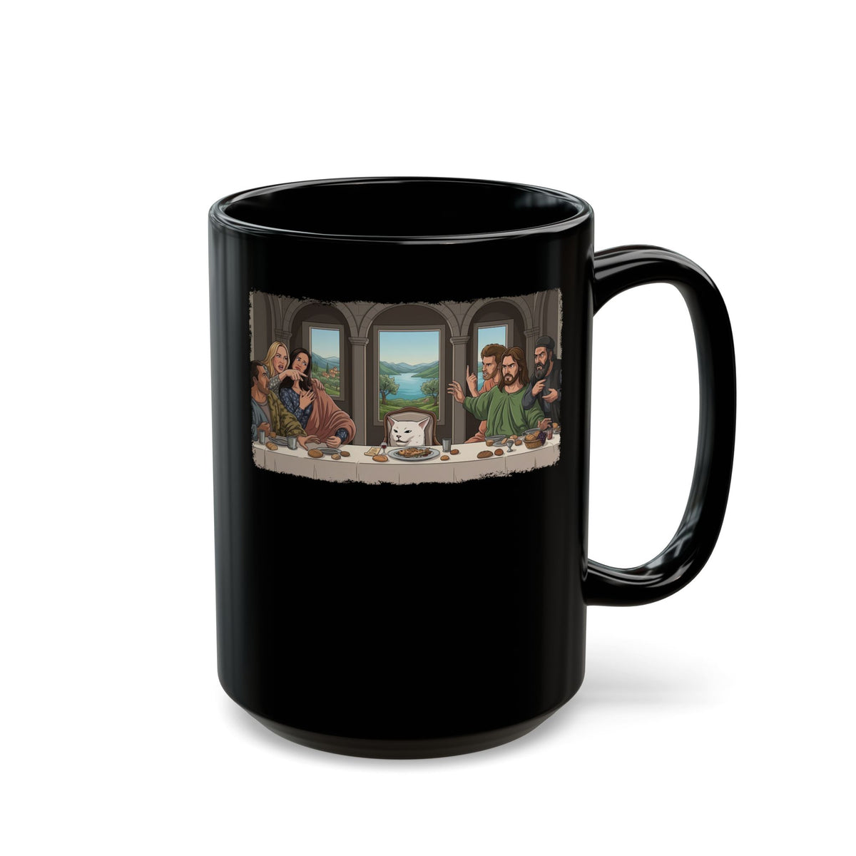 Last Supper x Woman Yelling at Cat Mug — Funny Religious Art Mashup Black Mug