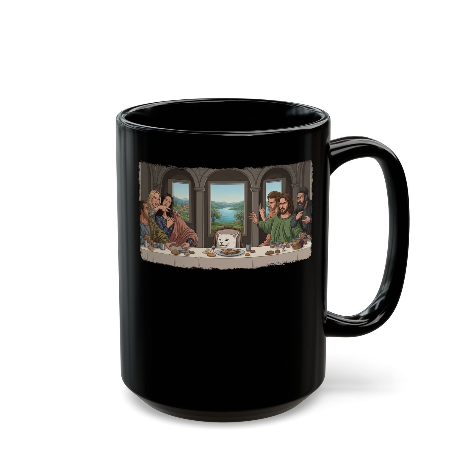 Last Supper x Woman Yelling at Cat Mug — Funny Religious Art Mashup Black Mug