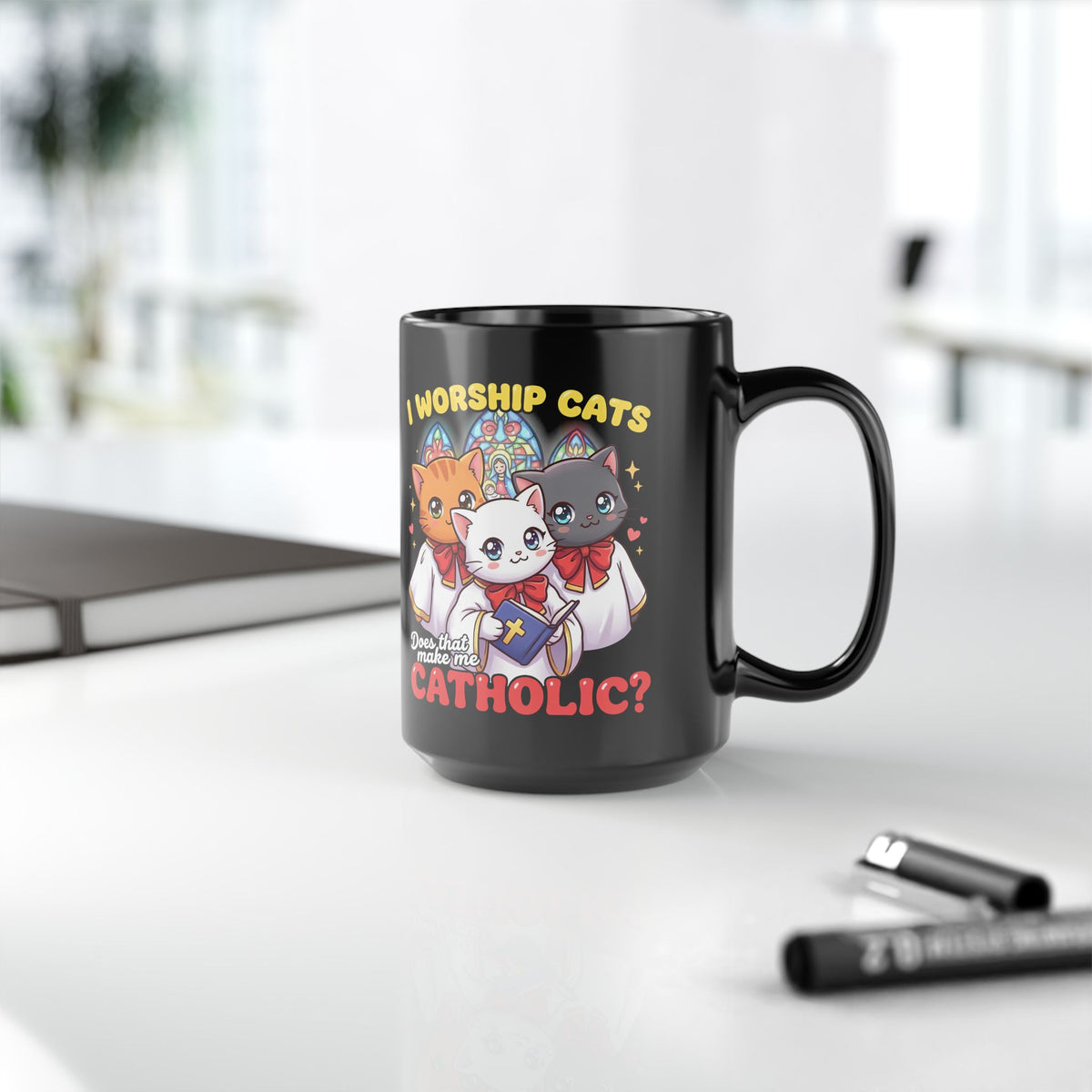 Worship Cats Mug — "Does that make me Catholic" Funny Cat Mug