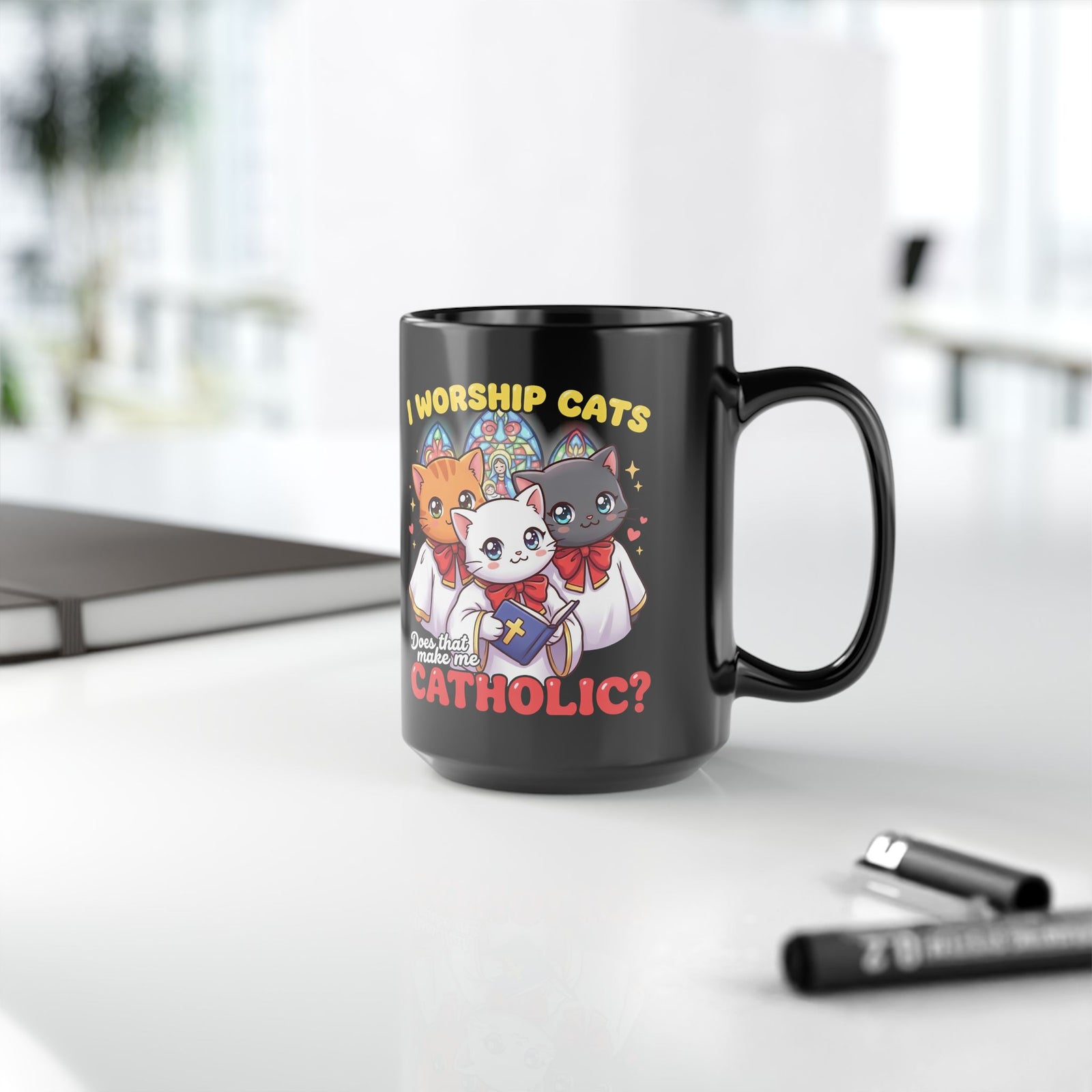Worship Cats Mug — "Does that make me Catholic" Funny Cat Mug