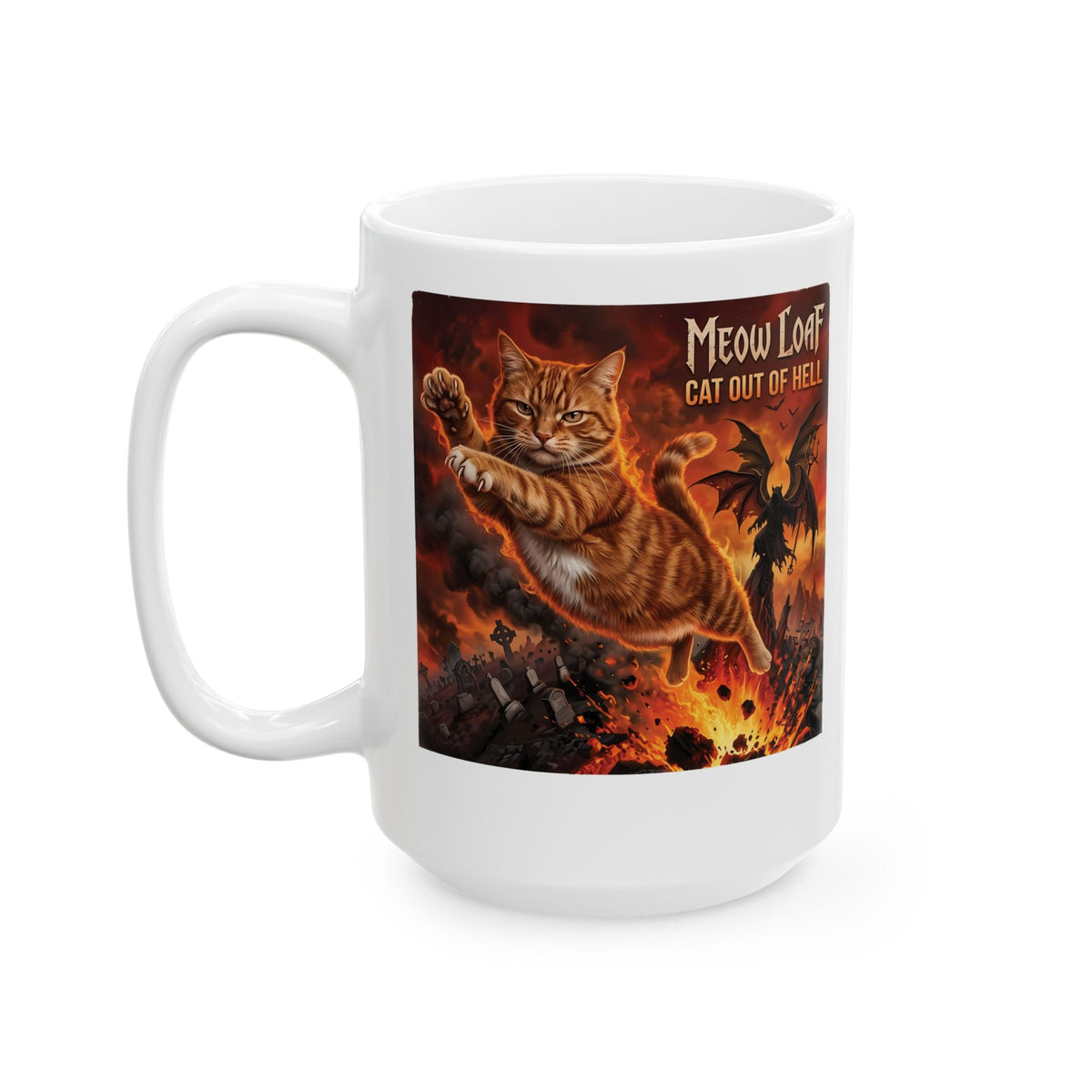 Meow Loaf Cat Out of Hell Ceramic Mug — Funny Gothic Cat Mug
