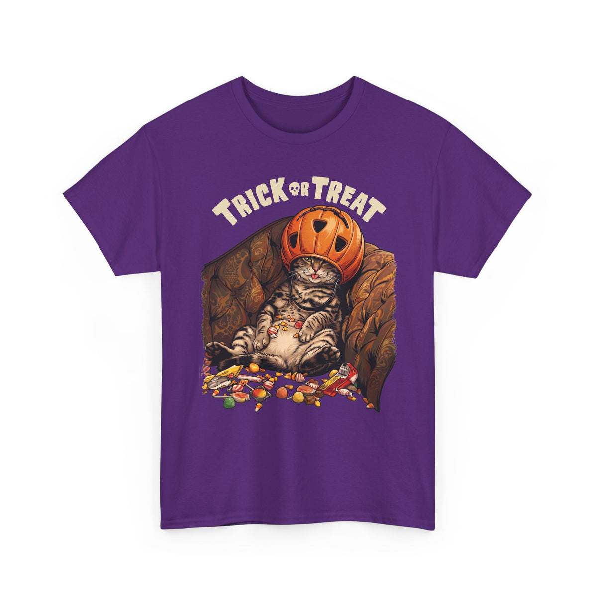 Trick Or Treat Pumpkin Helmet Cat T-Shirt — Funny Halloween Candy Coma Tee