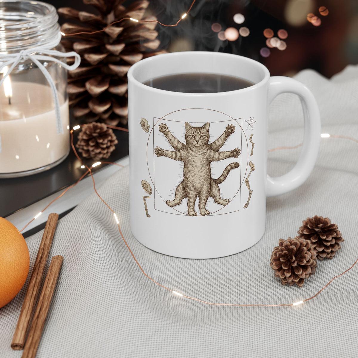 Vitruvian Cat Ceramic Mug — Anatomical Cat Art Mug
