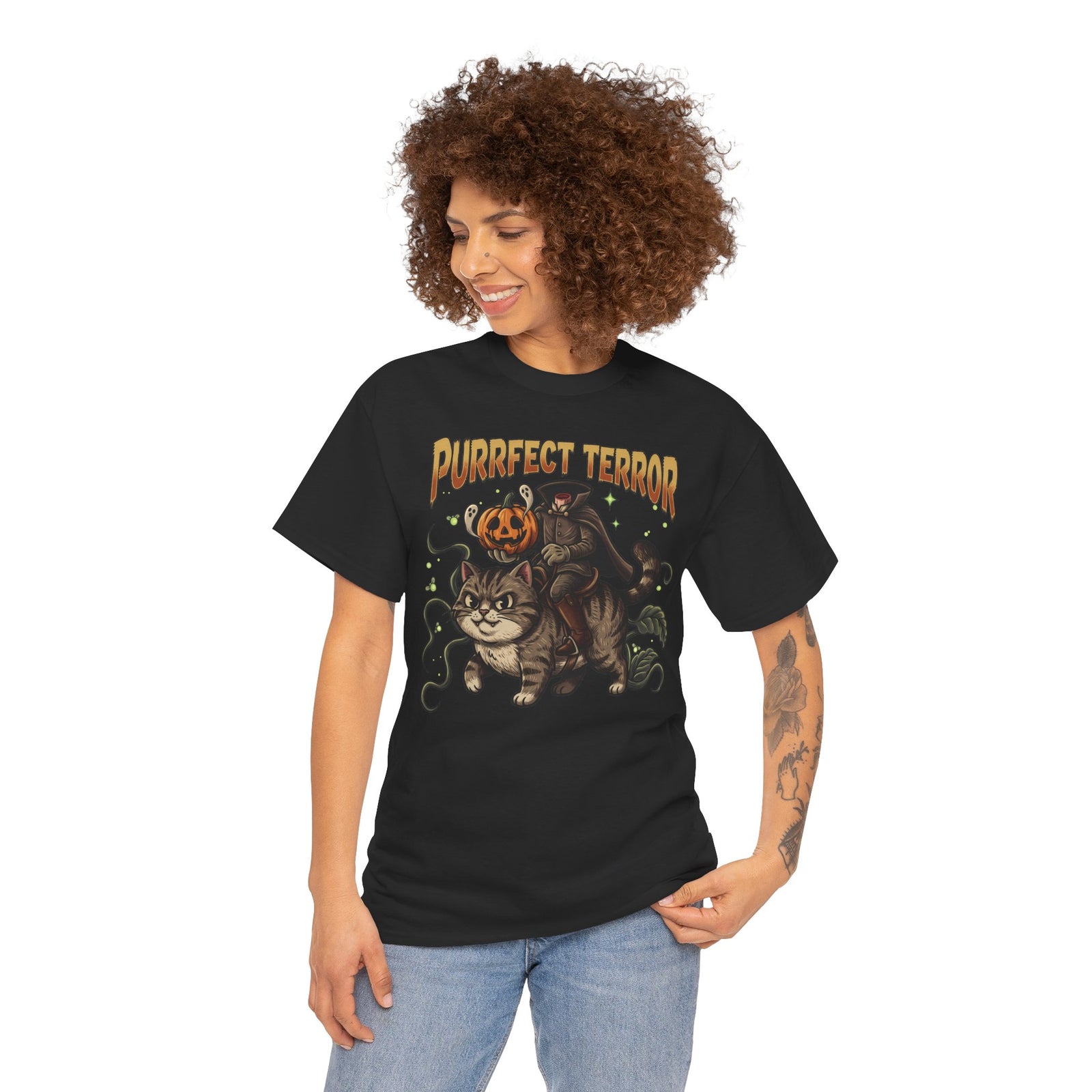 Purrfect Terror Headless Horseman Tabby Cat T-Shirt — Spooky Halloween Tee