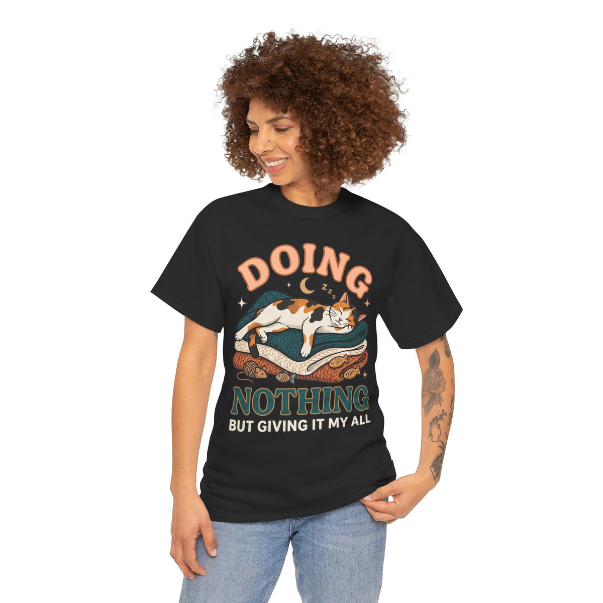 Doing Nothing Cat T‑Shirt Retro Calico Cat “Doing Nothing But Giving It My All” Graphic Tee