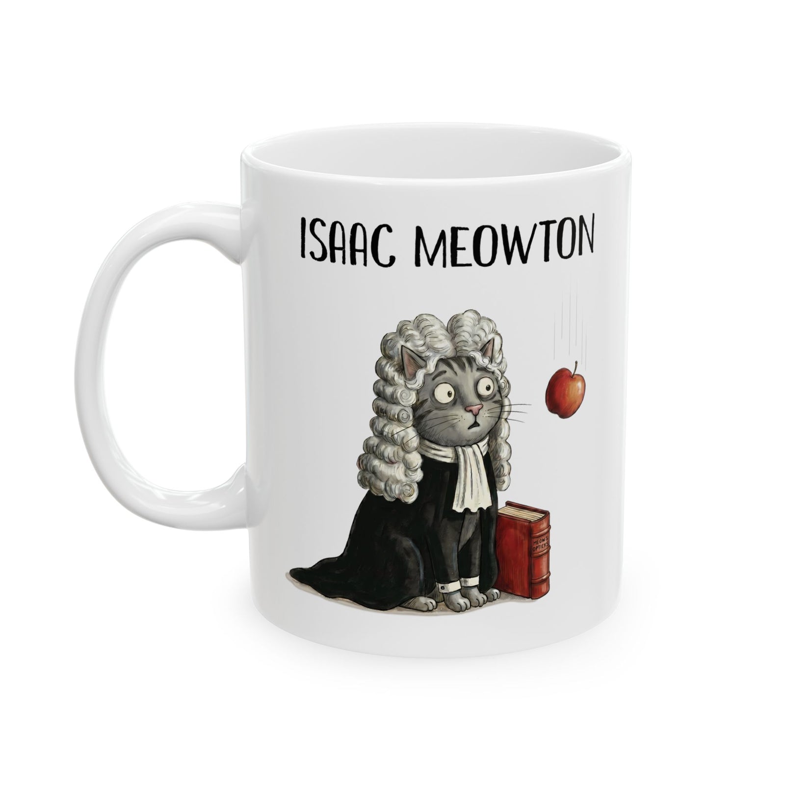 Isaac Meowton Ceramic Mug — Funny Science Pun Cat Gravity Graphic Mug