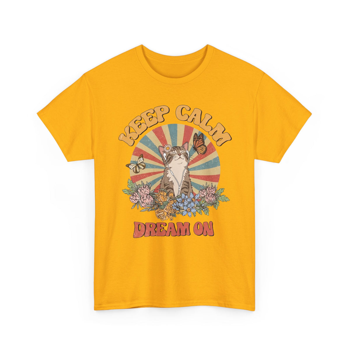 Keep Calm Dream On Cat T-Shirt — Retro 70s Hippie Feline Graphic