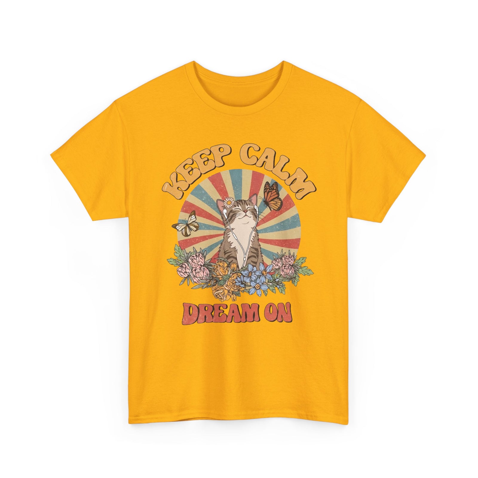 Keep Calm Dream On Cat T-Shirt — Retro 70s Hippie Feline Graphic