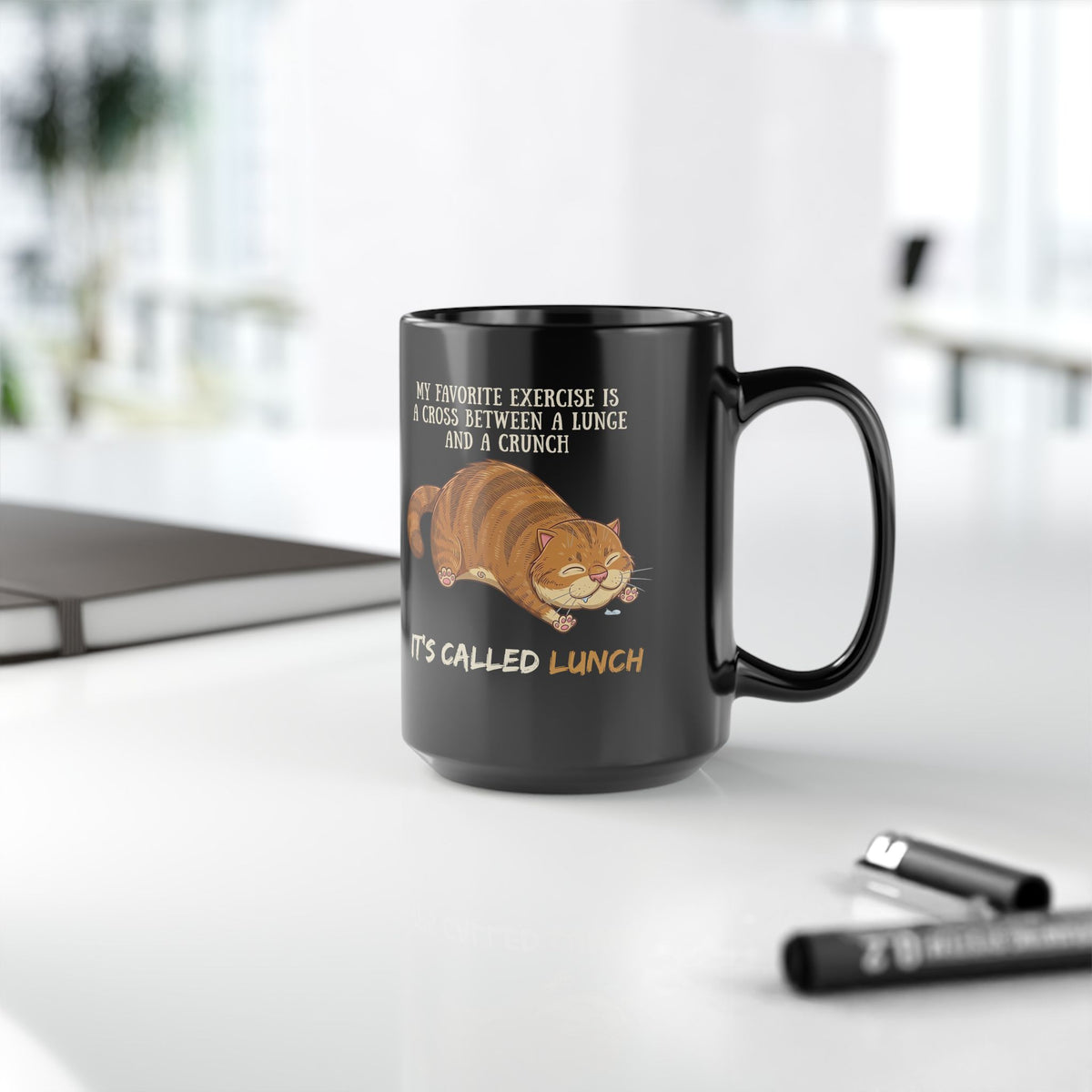 Funny Workout Cat Black Mug — "Lunge Crunch Lunch"