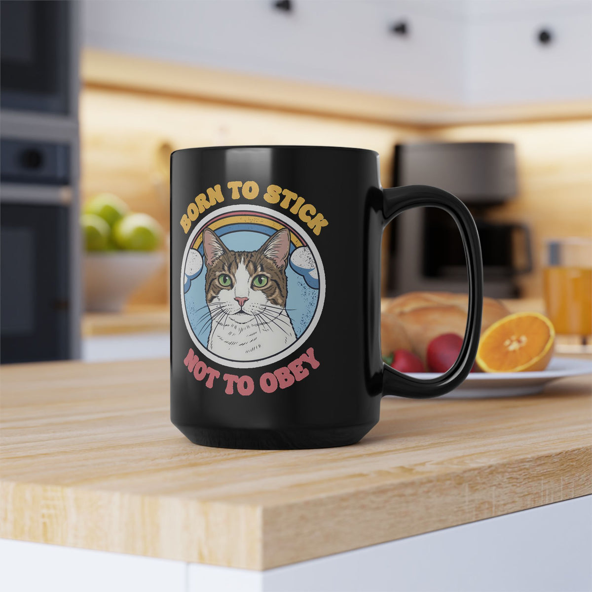 Born To Stick Not To Obey Black Mug — Retro Rainbow Cat Graphic Mug