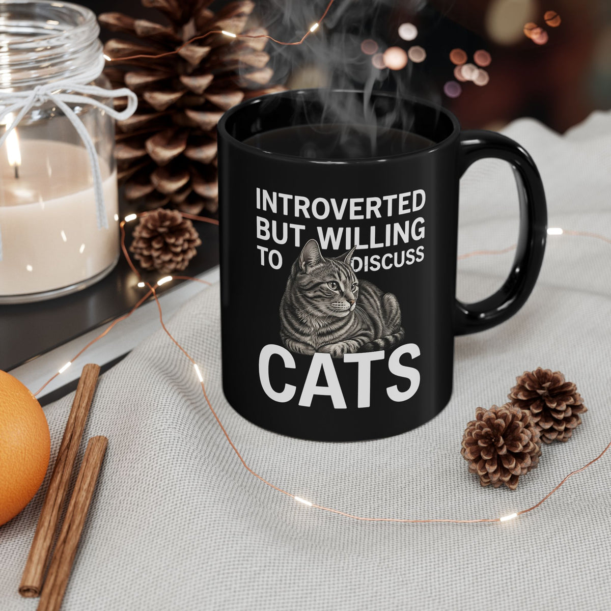 Introverted But Willing to Discuss Cats Black Mug