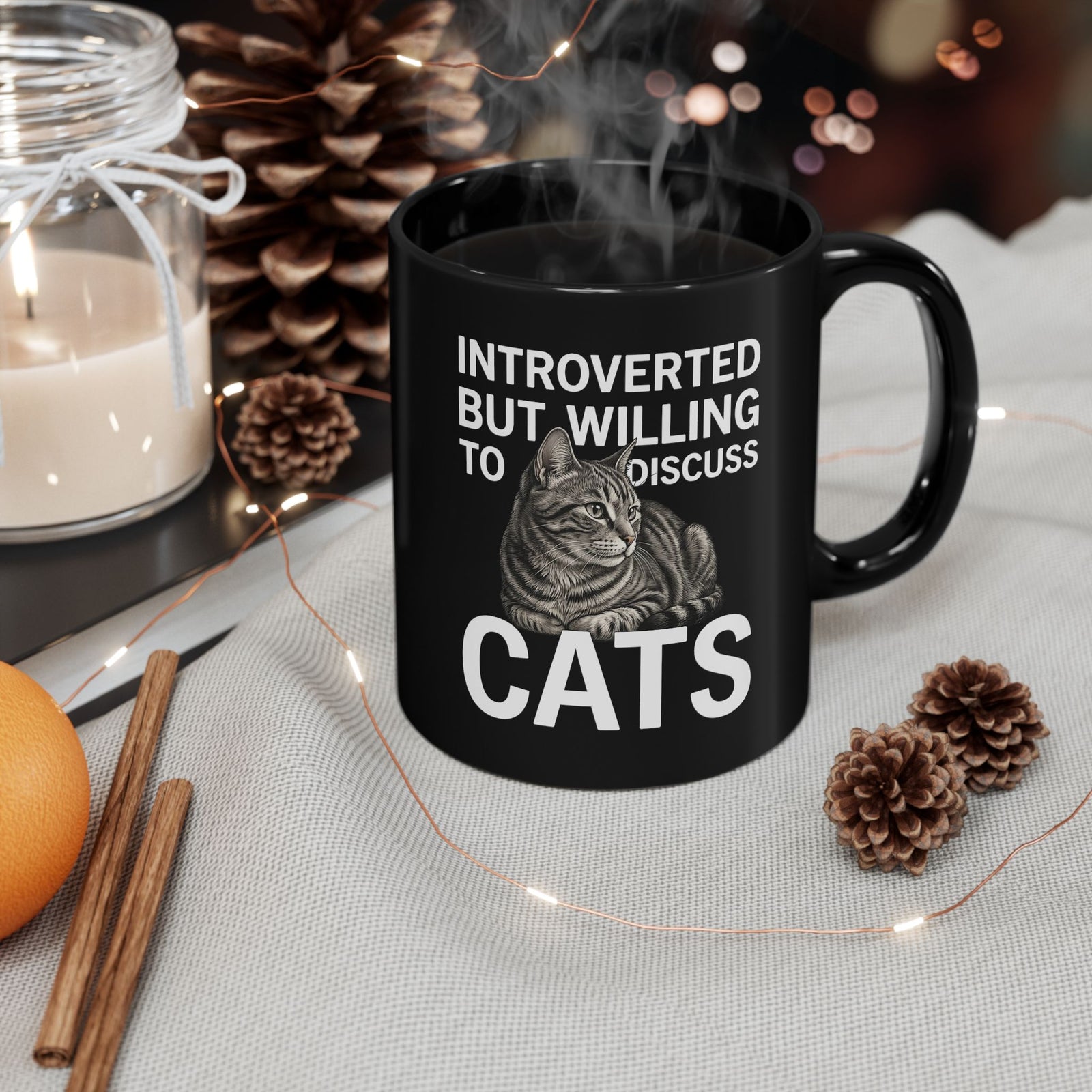 Introverted But Willing to Discuss Cats Black Mug