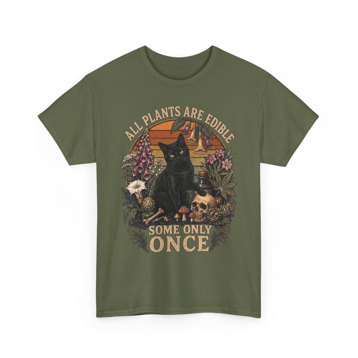 All Plants Are Edible Some Only Once T-Shirt — Funny Black Cat Botanical Tee