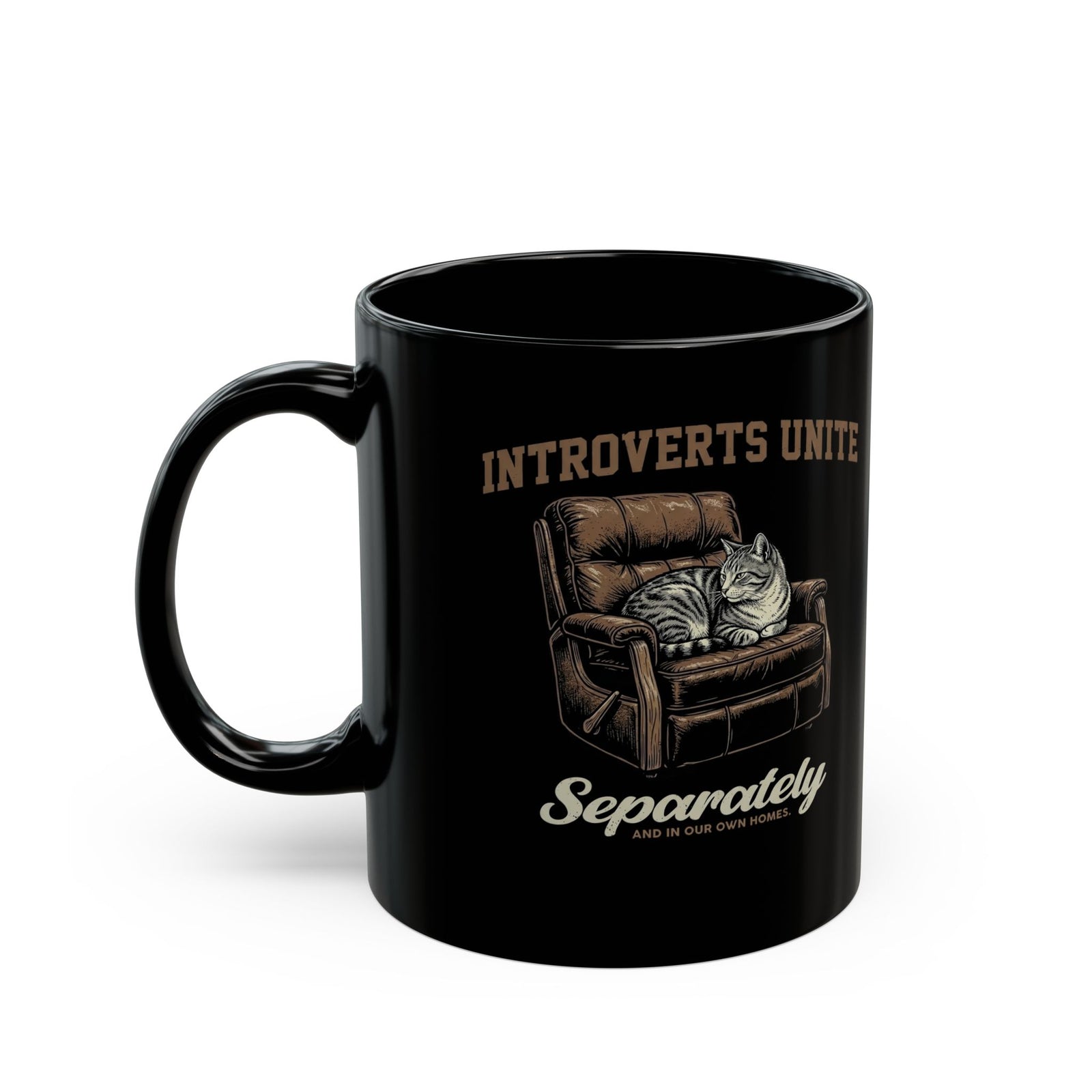 Introverts Unite Cat Black Mug — Funny Cat Graphic Mug for Introverts