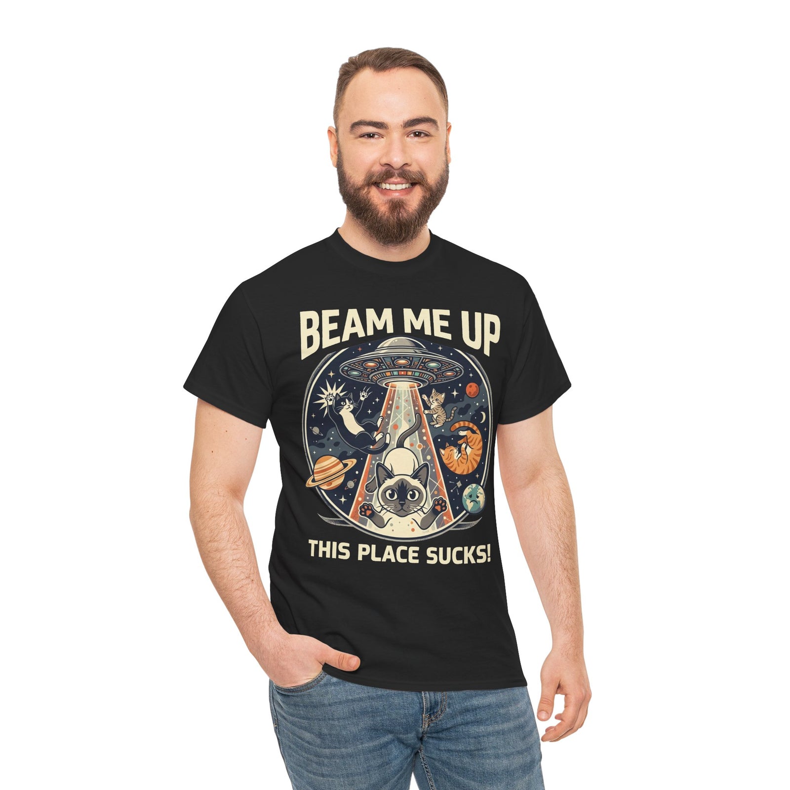 Cat UFO T-Shirt – "Beam Me Up, This Place Sucks" Retro Space Tee