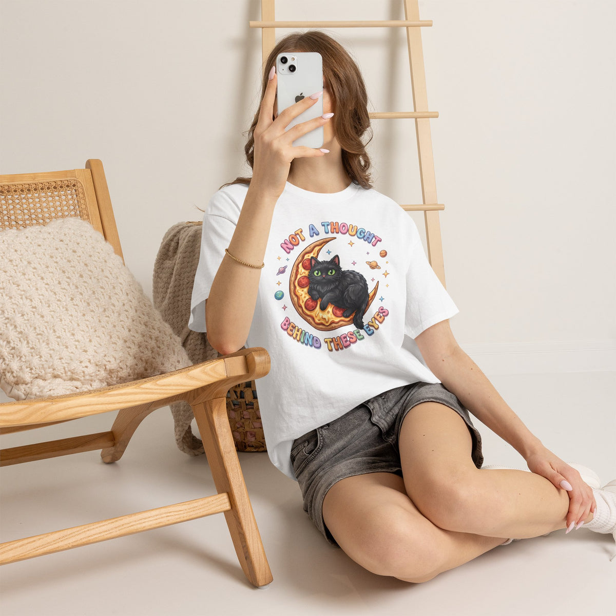 Not A Thought Behind These Eyes T-Shirt — Funny Black Cat Pizza Moon Tee