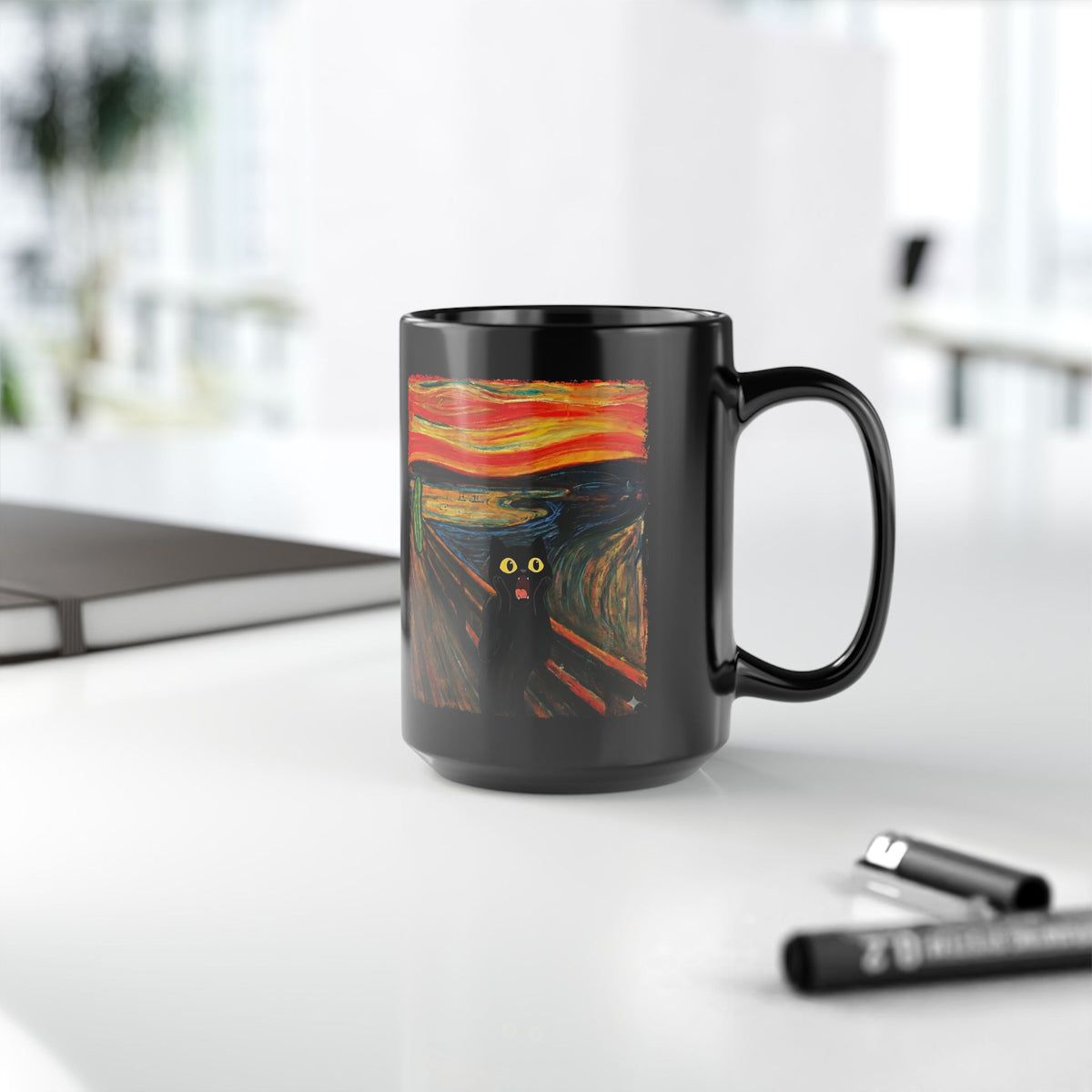 Black Cat Scream Black Mug — Cats Scared by Cucumbers Graphic Mug