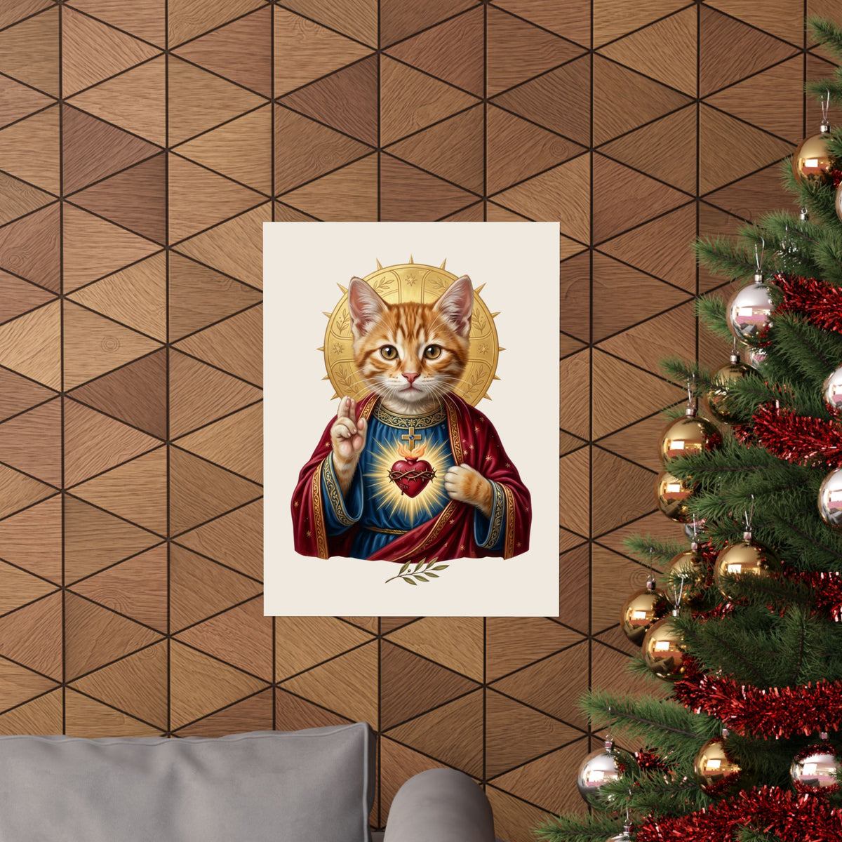 Sacred Heart Cat Poster — Christian Religious Cat Lover Graphic Poster