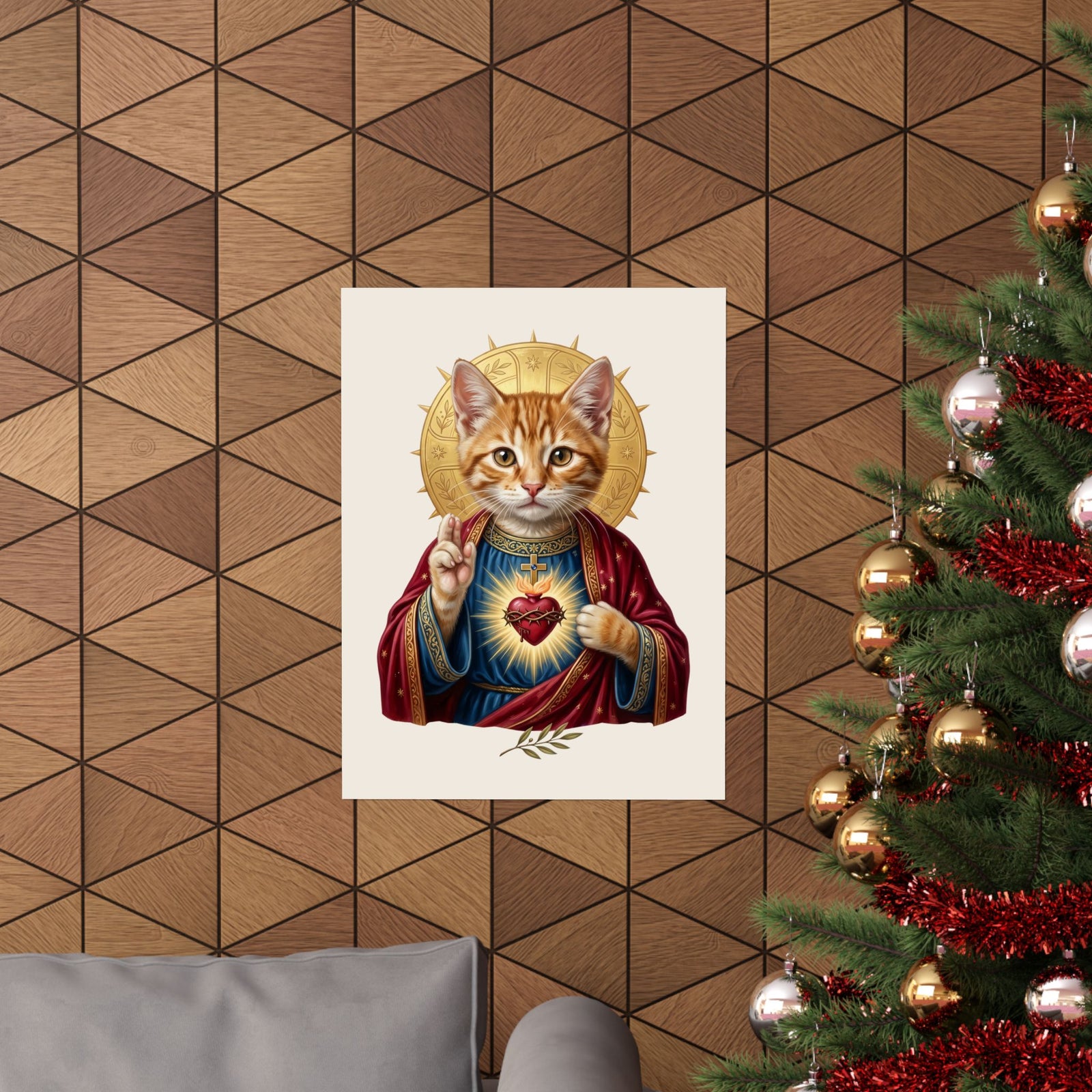 Sacred Heart Cat Poster — Christian Religious Cat Lover Graphic Poster