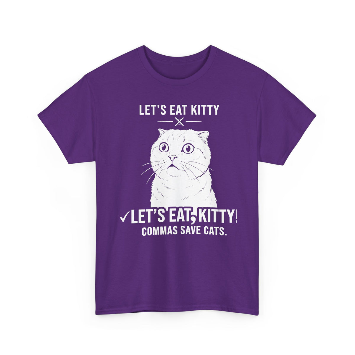 Let’s Eat, Kitty T-Shirt — Funny Grammar Cat Tee ("Commas Save Cats")