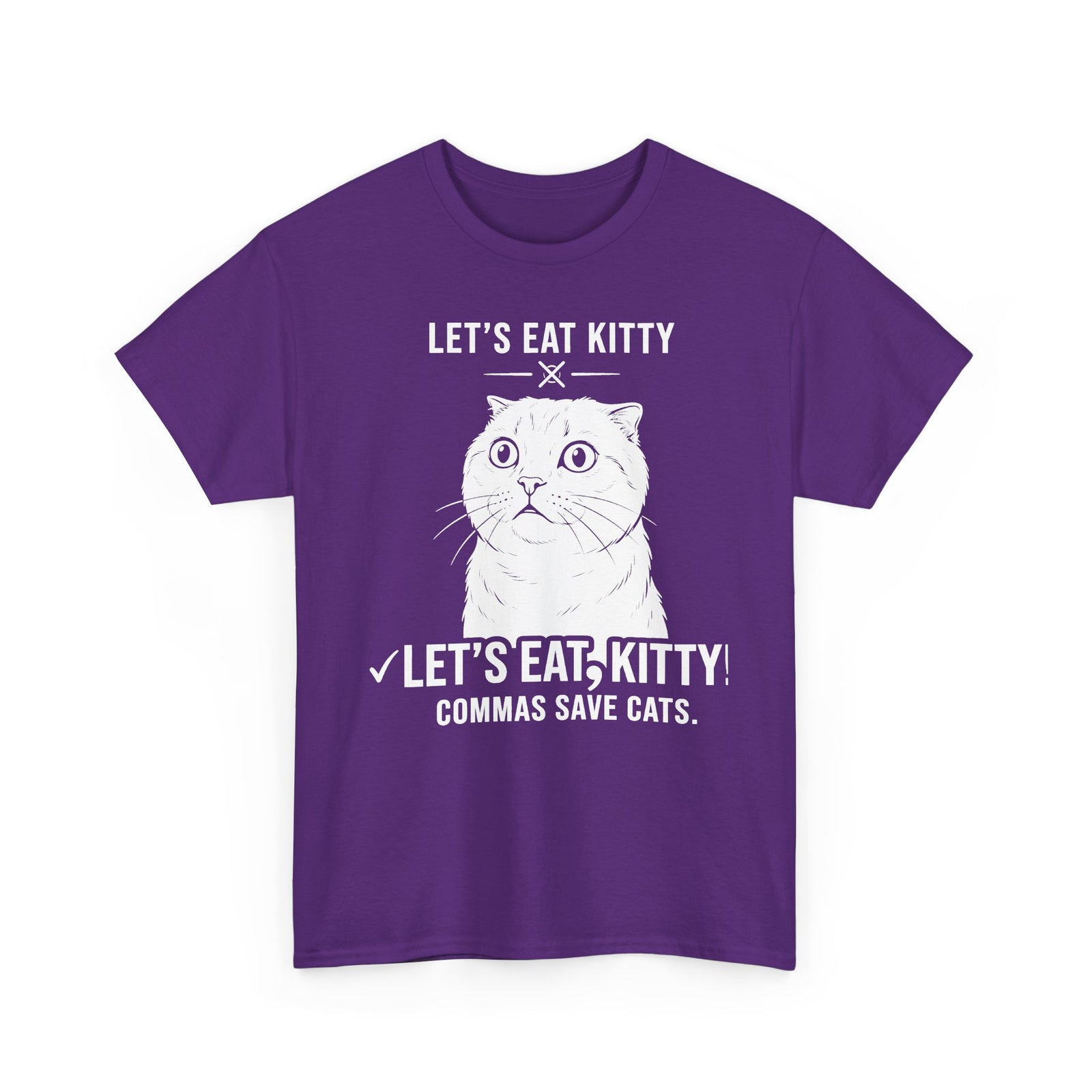 Let’s Eat, Kitty T-Shirt — Funny Grammar Cat Tee ("Commas Save Cats")