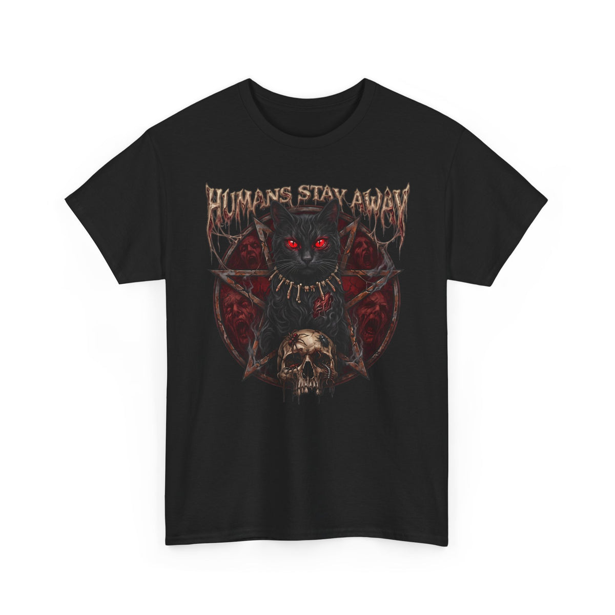 Humans Stay Away Occult Black Cat Shirt — Heavy Metal Pentagram T-Shirt