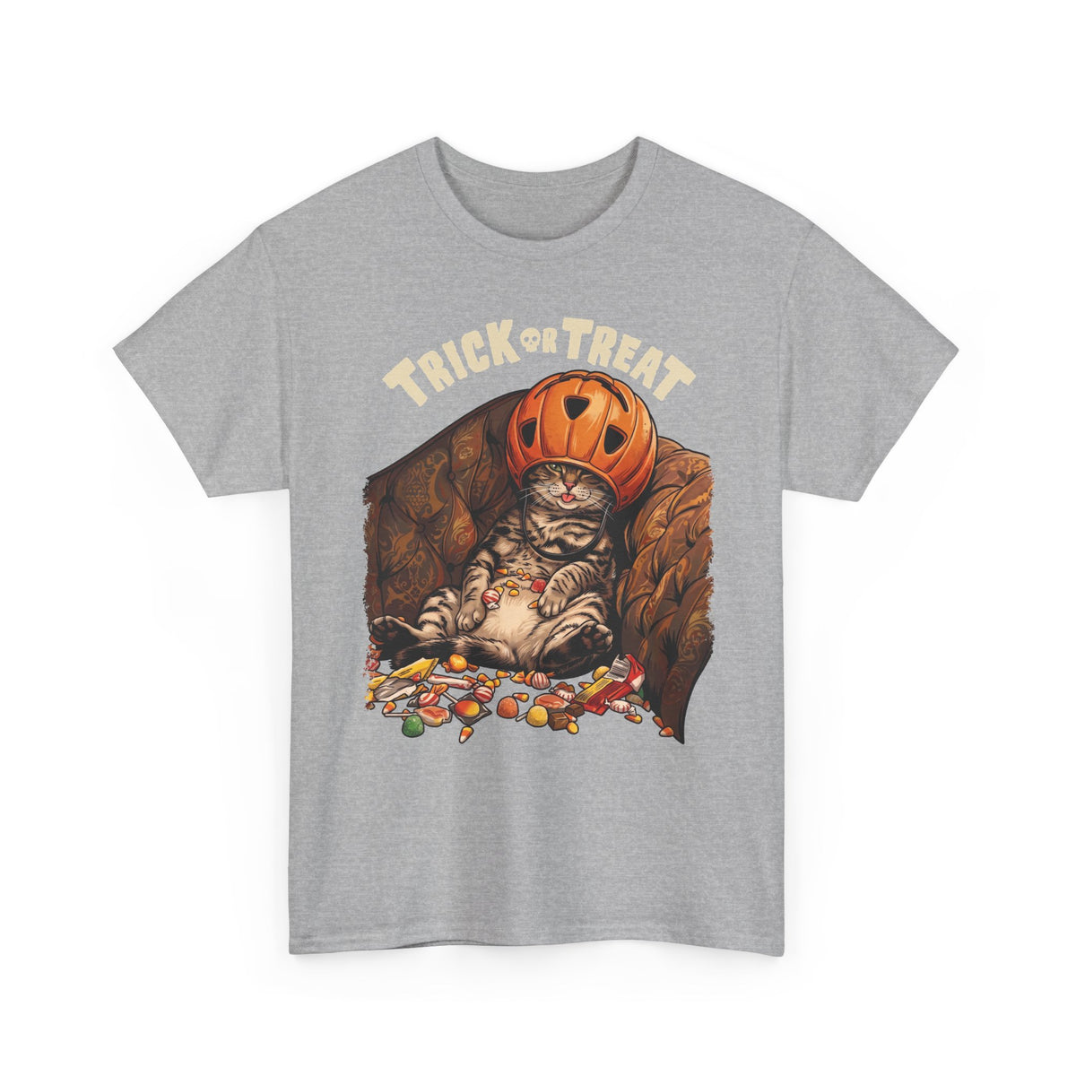 Trick Or Treat Pumpkin Helmet Cat T-Shirt — Funny Halloween Candy Coma Tee