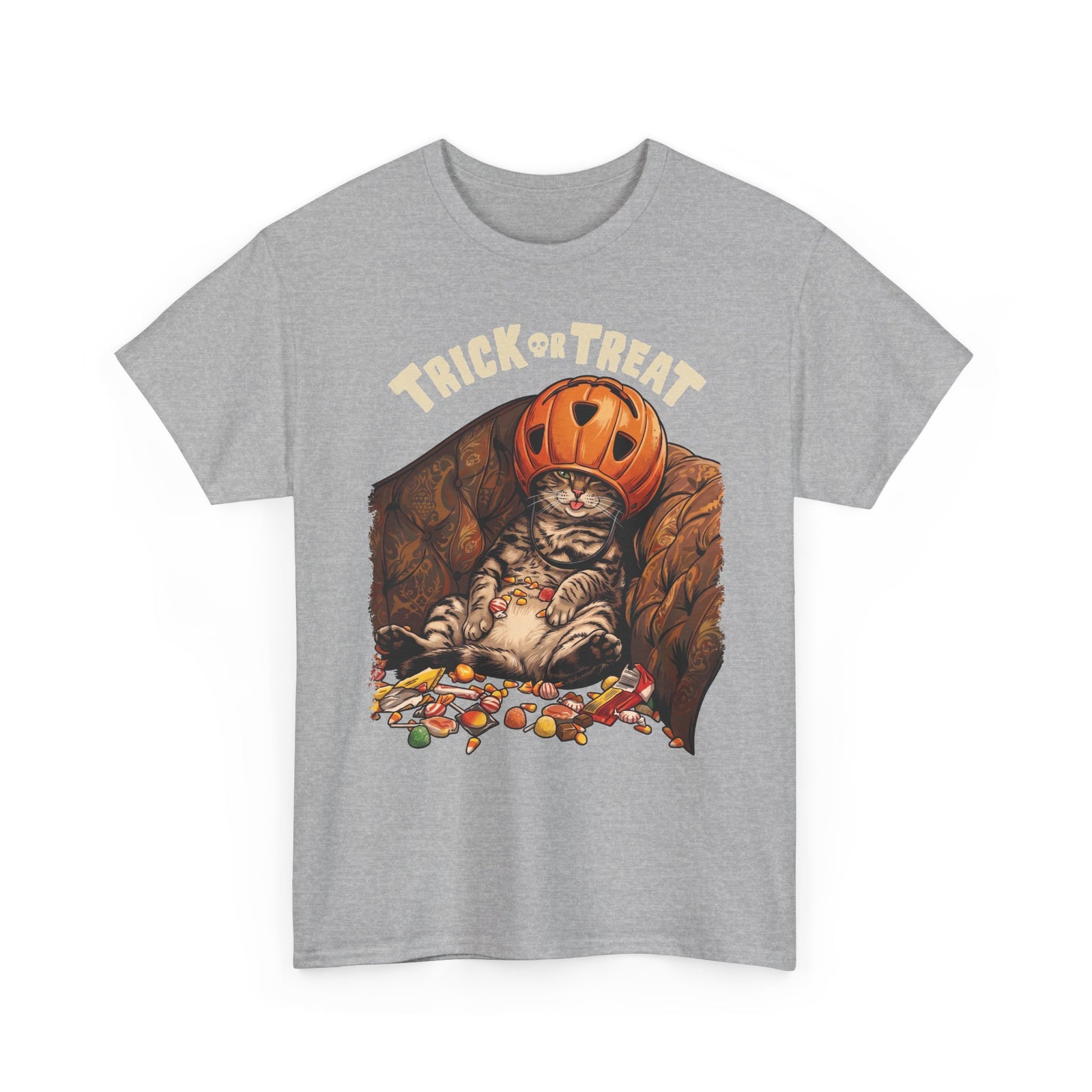 Trick Or Treat Pumpkin Helmet Cat T-Shirt — Funny Halloween Candy Coma Tee