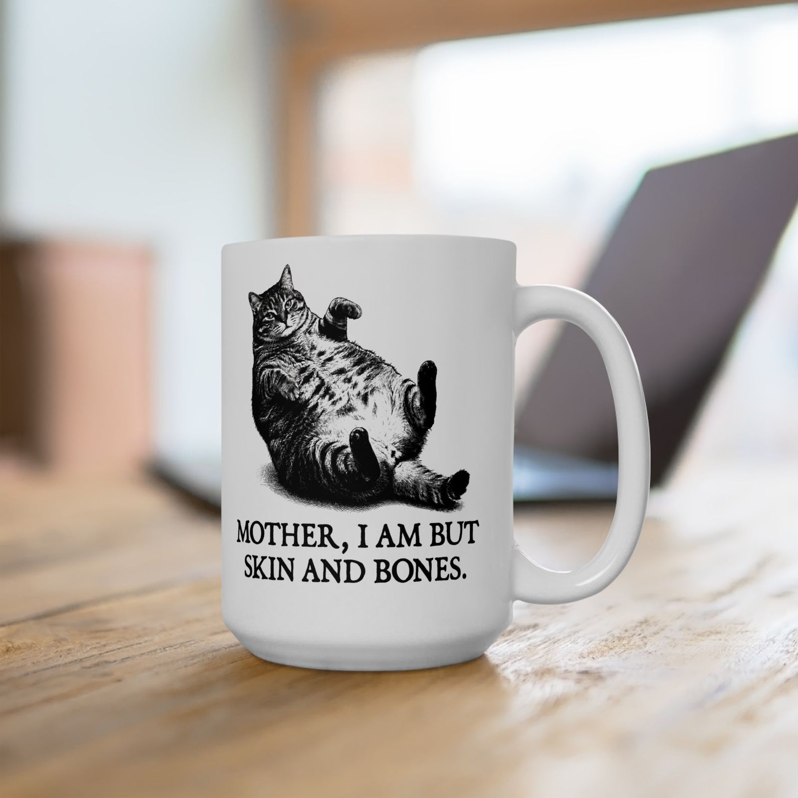 Skin And Bones Chonk Cat Ceramic Mug — Funny Dramatic Feline Graphic Mug