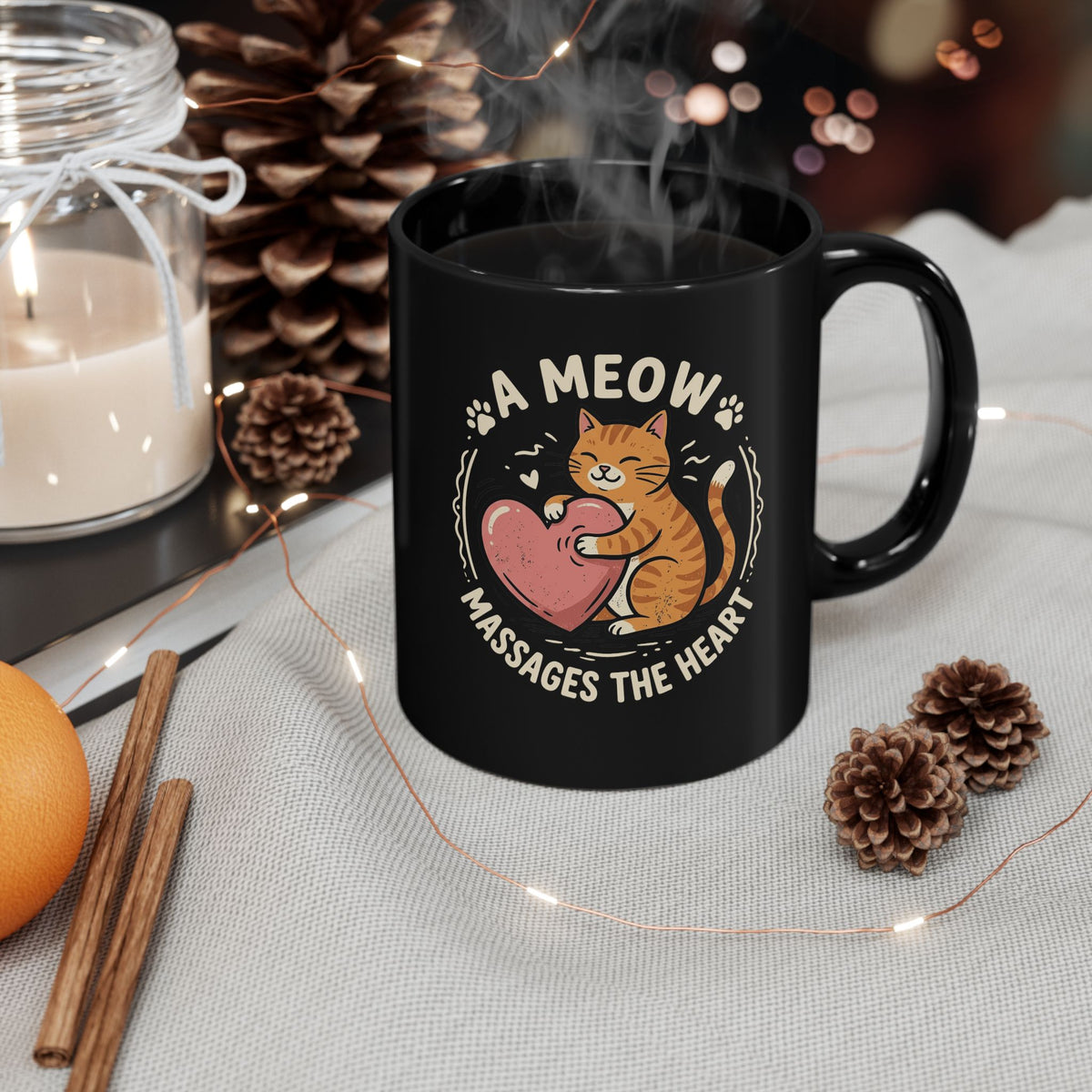 'A Meow Massages The Heart' Cat Black Mug