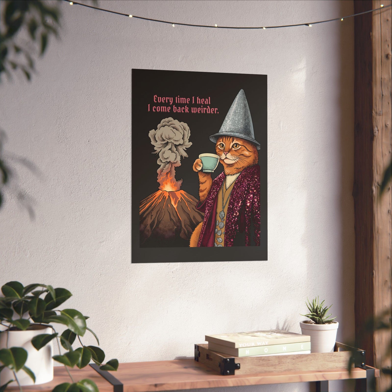 Weird Healing Journey Cat Poster — Retro Feline Tea Time Aesthetic Poster