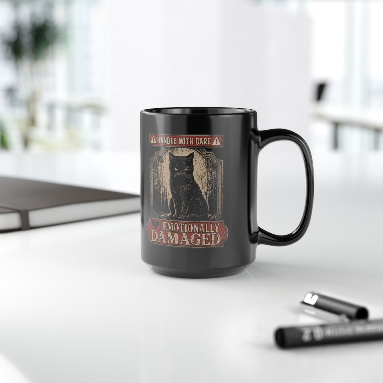 Emotionally Damaged Cat Black Mug – "Handle With Care" Vintage Black Mug