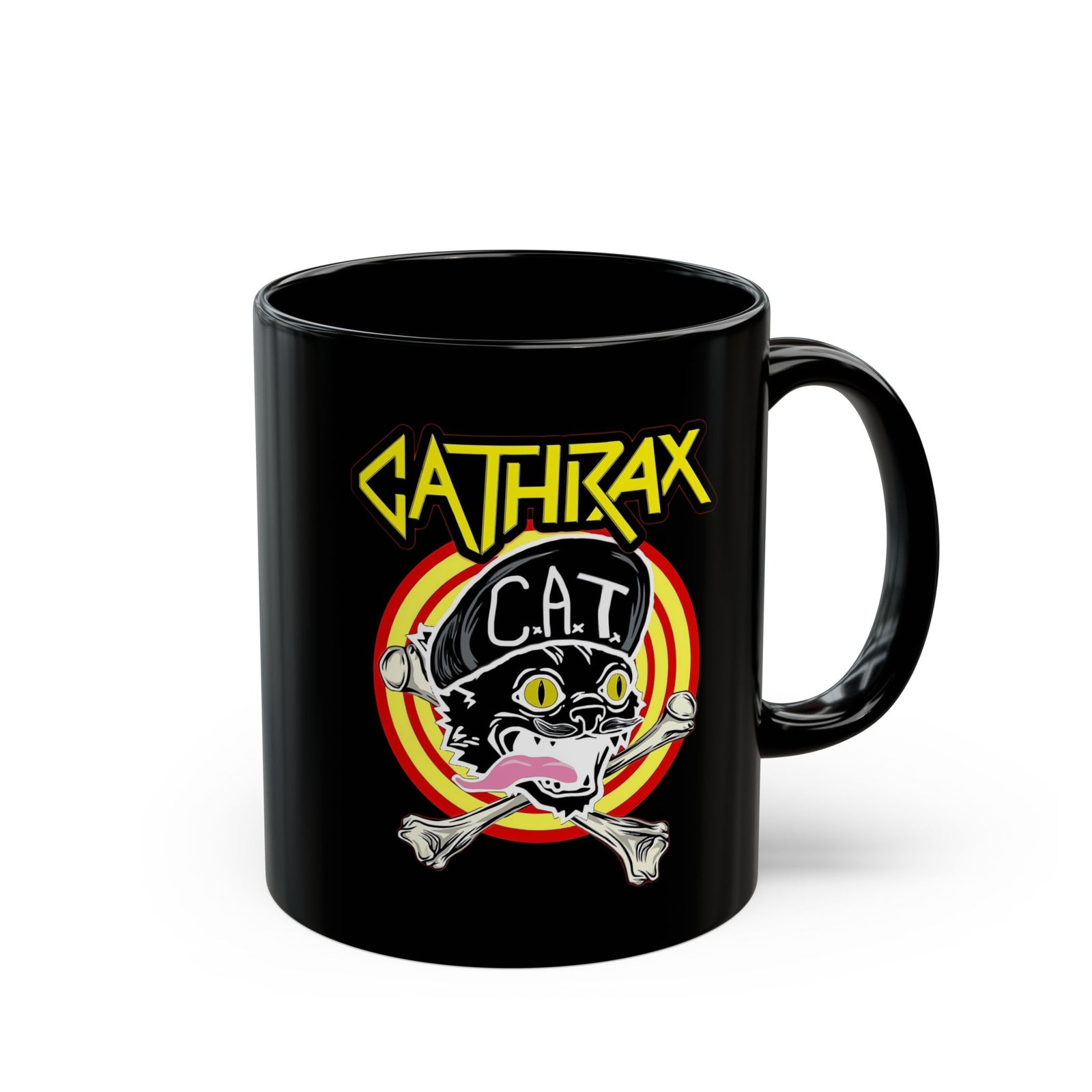 Cathrax Parody Cat Black Mug — Heavy Metal Band Cat Graphic Mug