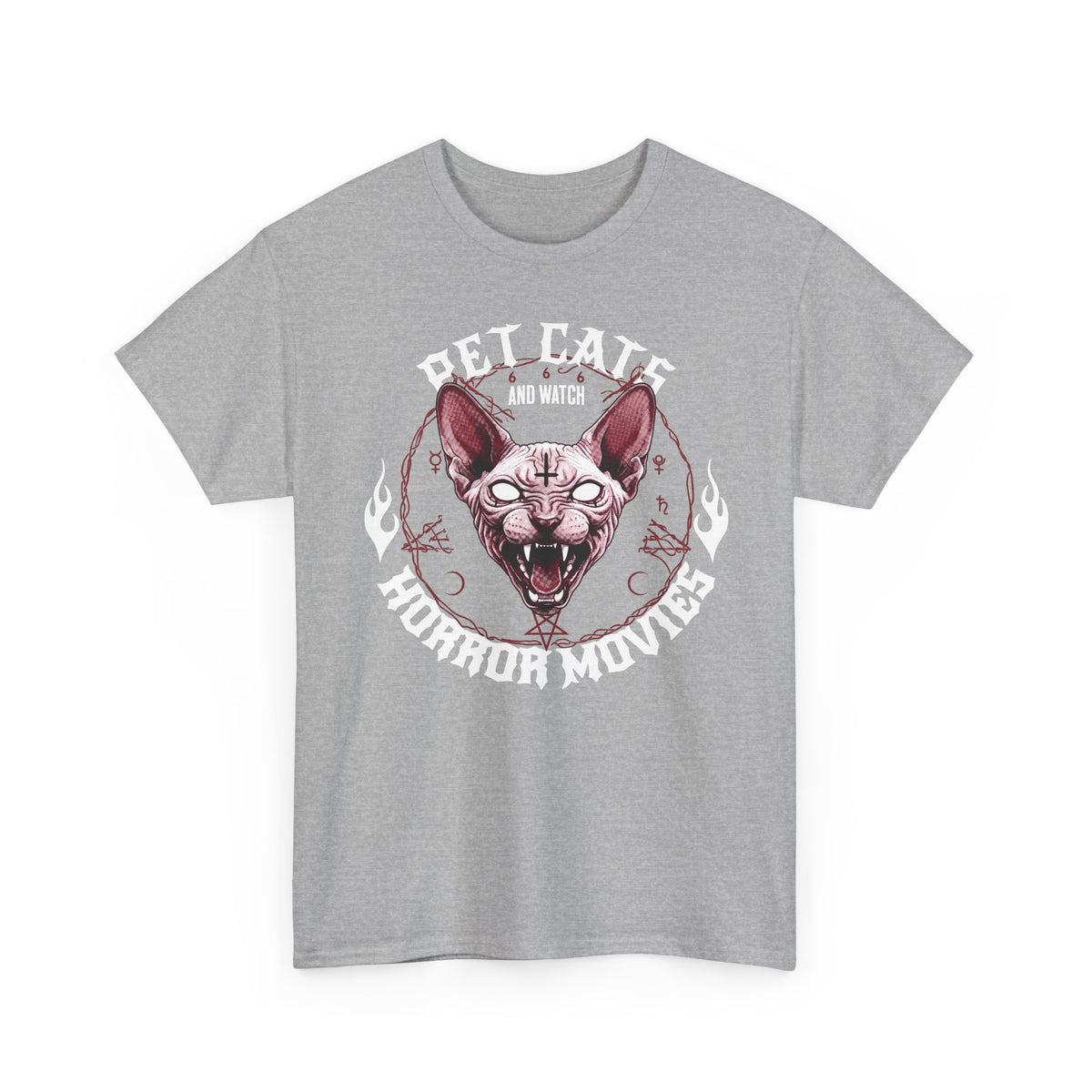 Pet Cats And Watch Horror Movies T-Shirt — Demonic Sphynx Cat Occult Tee