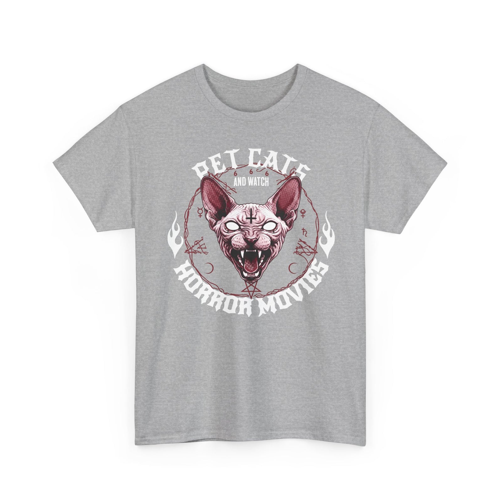 Pet Cats And Watch Horror Movies T-Shirt — Demonic Sphynx Cat Occult Tee