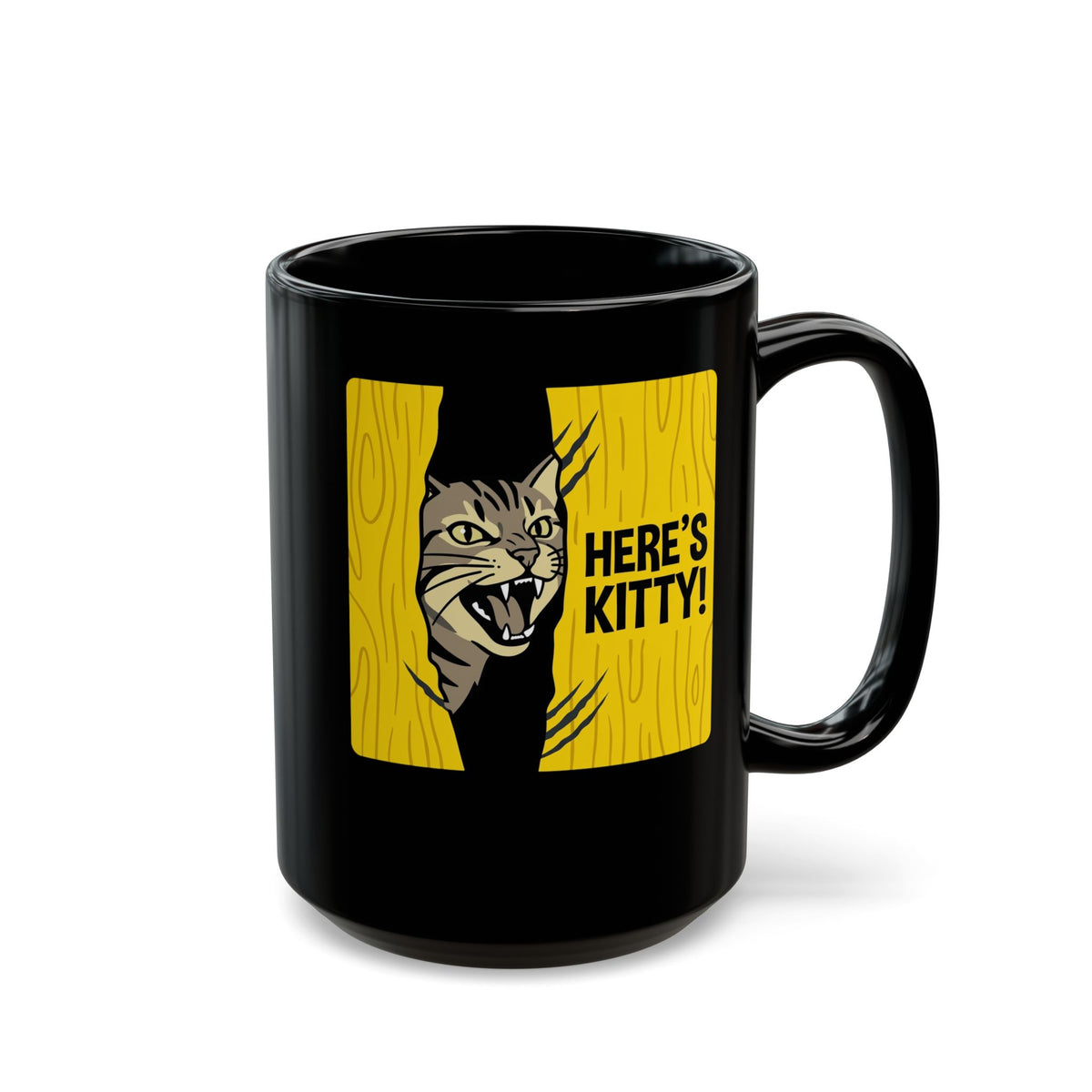 Funny Cat Parody Black Mug — "Here's Kitty" Graphic Mug