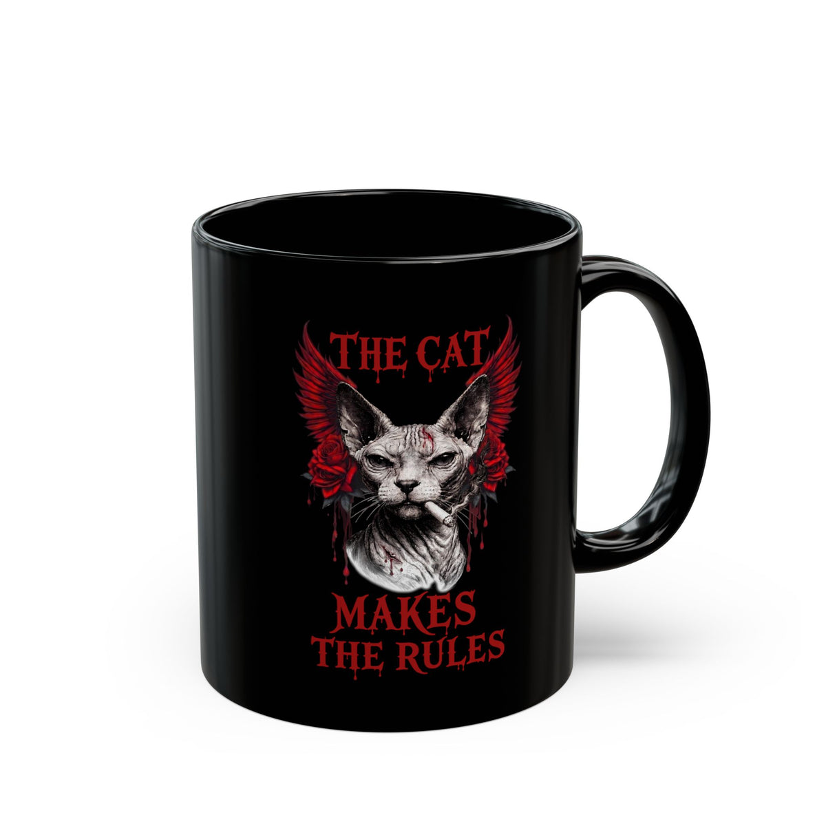 The Cat Makes The Rules Black Mug — Funny Gothic Smoking Sphynx Mug