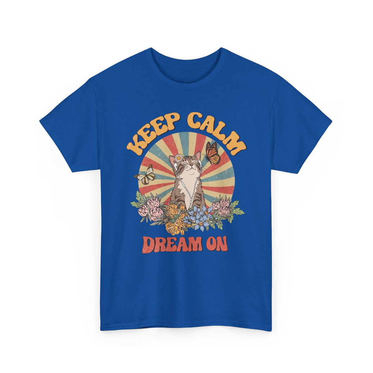 Keep Calm Dream On Cat T-Shirt — Retro 70s Hippie Feline Graphic