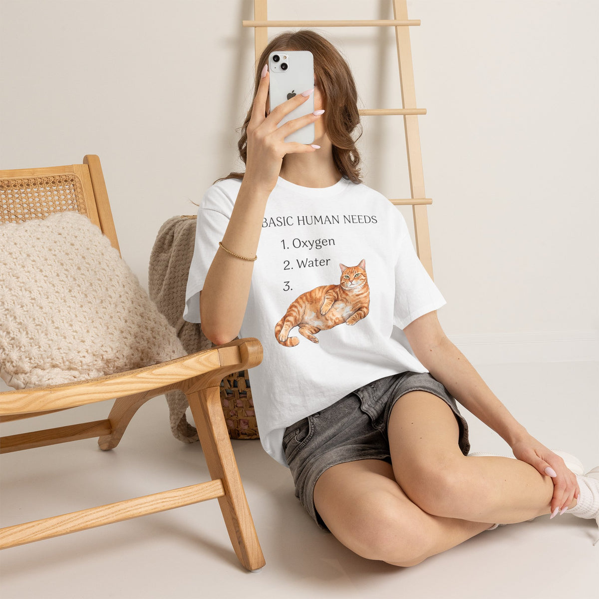 Basic Human Needs Orange Cat T-Shirt — Funny Sarcastic Tabby Tee