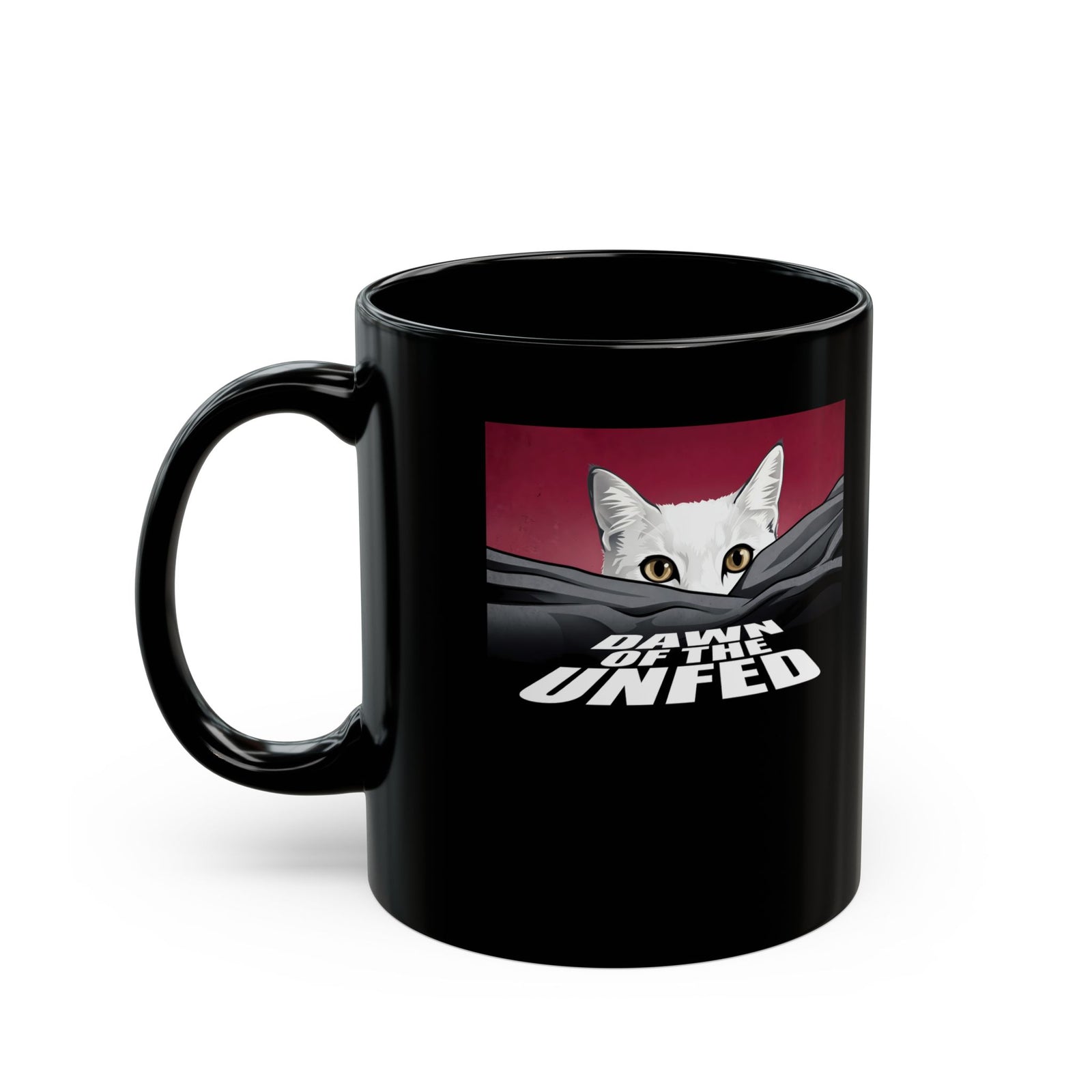 Dawn of the Unfed Black Mug — Funny White Cat Horror Movie Parody Mug
