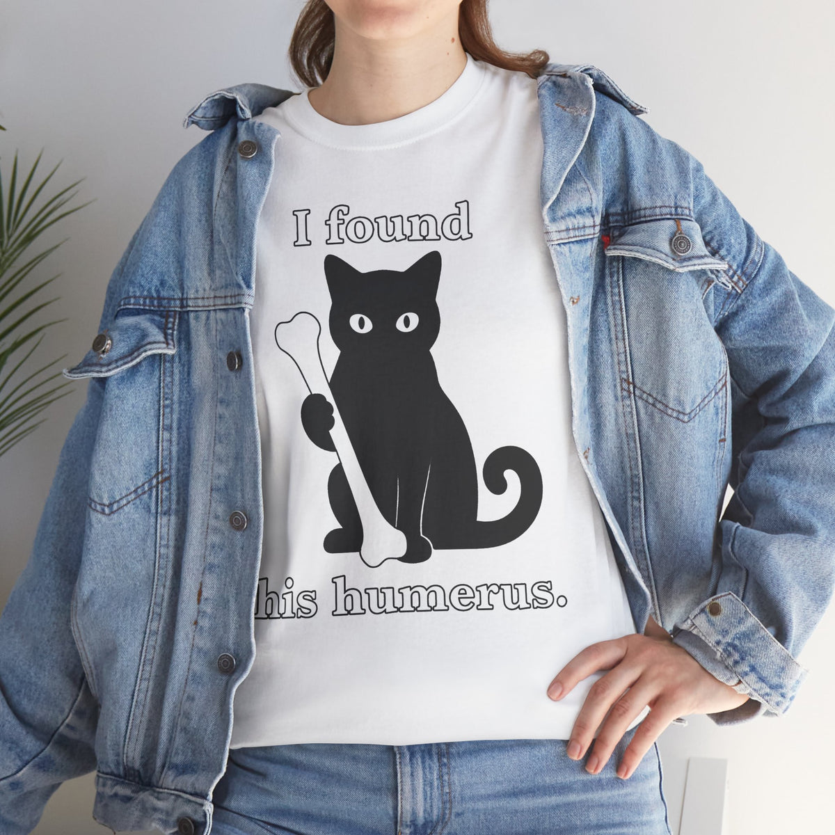 Cat Pun T-Shirt — "I Found This Humerus" Cute Black Cat Holding Bone Tee