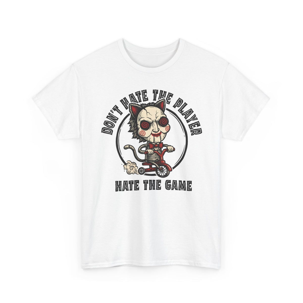 Don't Hate The Player Hate The Game SAW Cat T-Shirt — Funny Jigsaw Puppet Tee