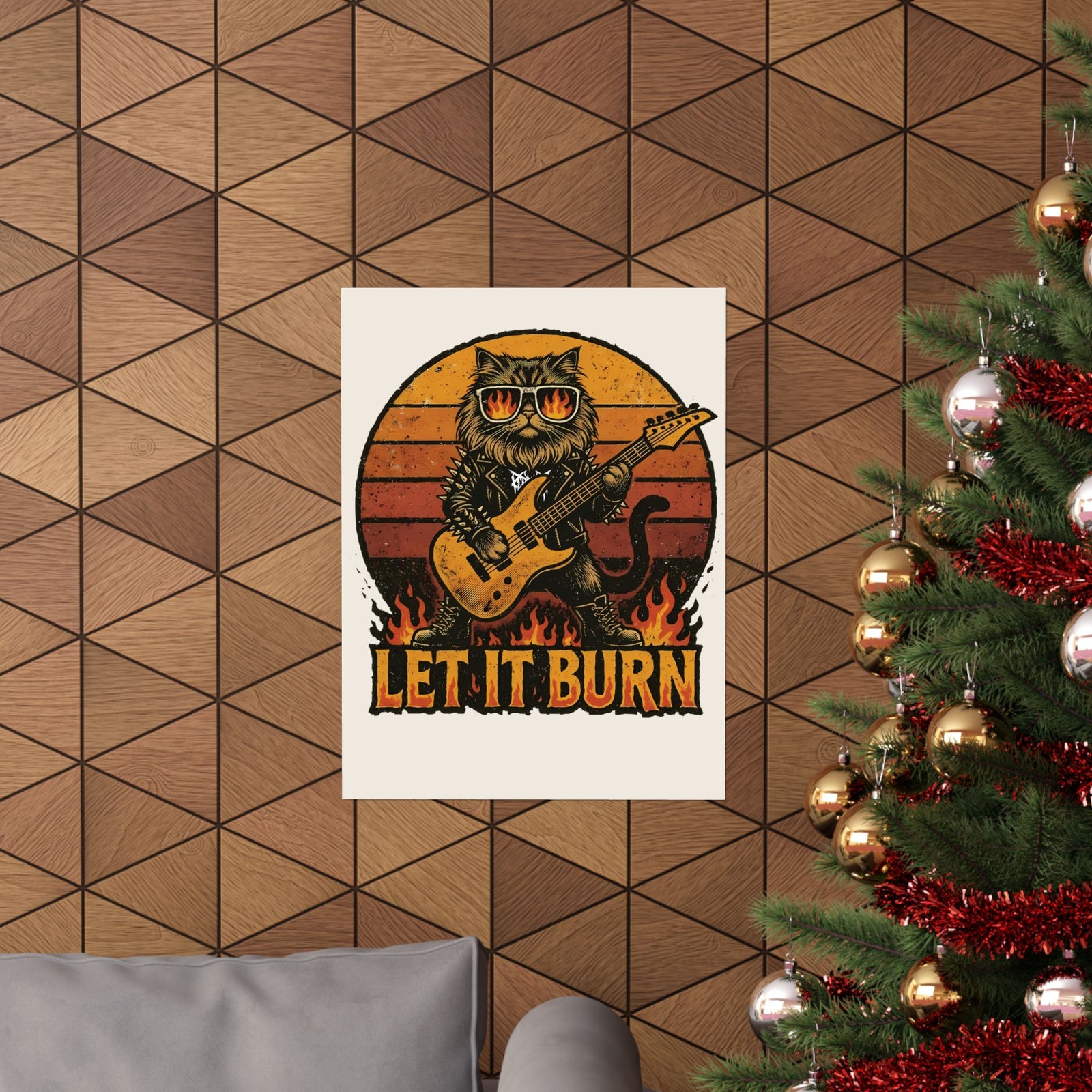 Let It Burn Rocker Cat Poster — Heavy Metal Guitar Feline Graphic