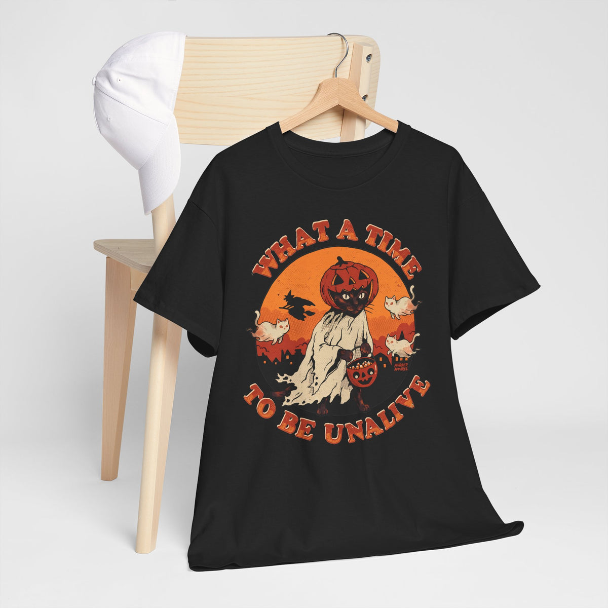 What A Time To Be Unalive Black Cat Ghost Sheet Shirt — Retro Halloween T-Shirt