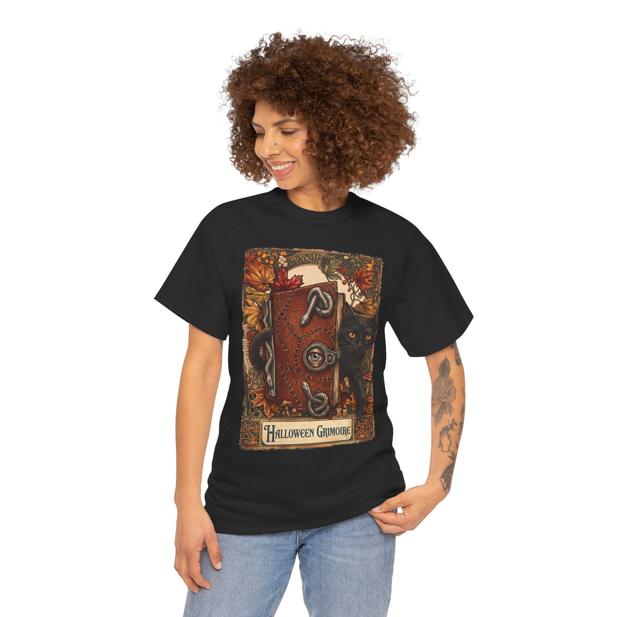 Halloween Grimoire Spellbook Black Cat T-Shirt — Witchy Autumn Magic Tee