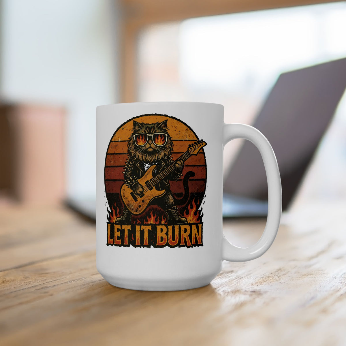 Let It Burn Rocker Cat Ceramic Mug — Heavy Metal Guitar Feline Graphic