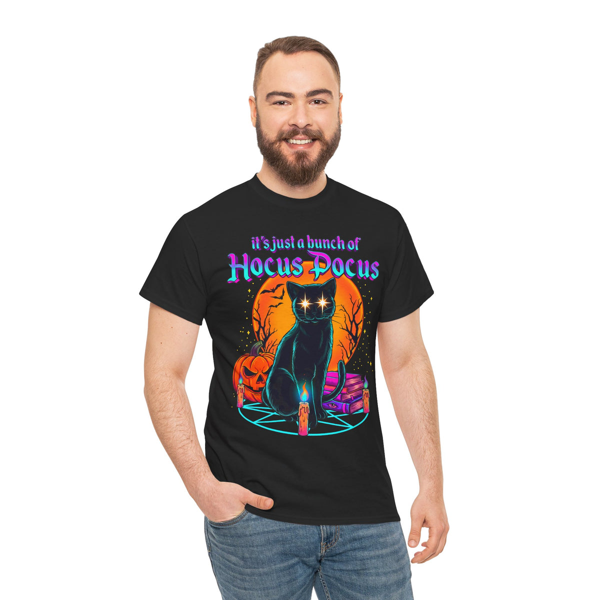 It's Just A Bunch Of Hocus Pocus Black Cat T-Shirt — Witchy Halloween Magic Tee