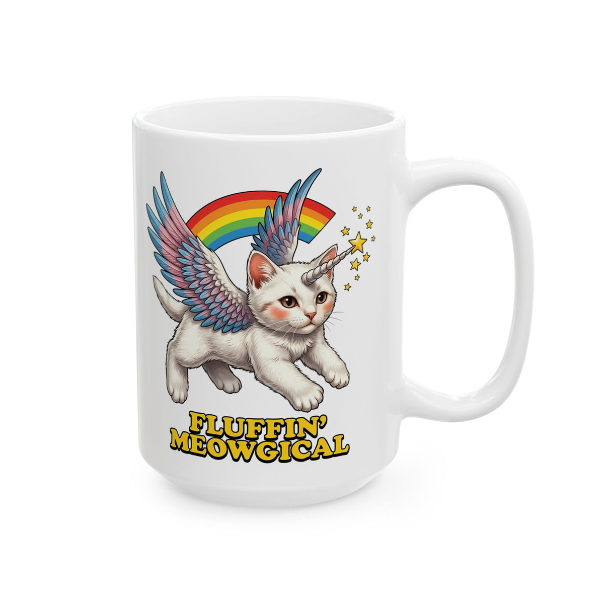 Fluffin' Meowgical Cat Ceramic Mug — Cute Unicorn Kitten Graphic