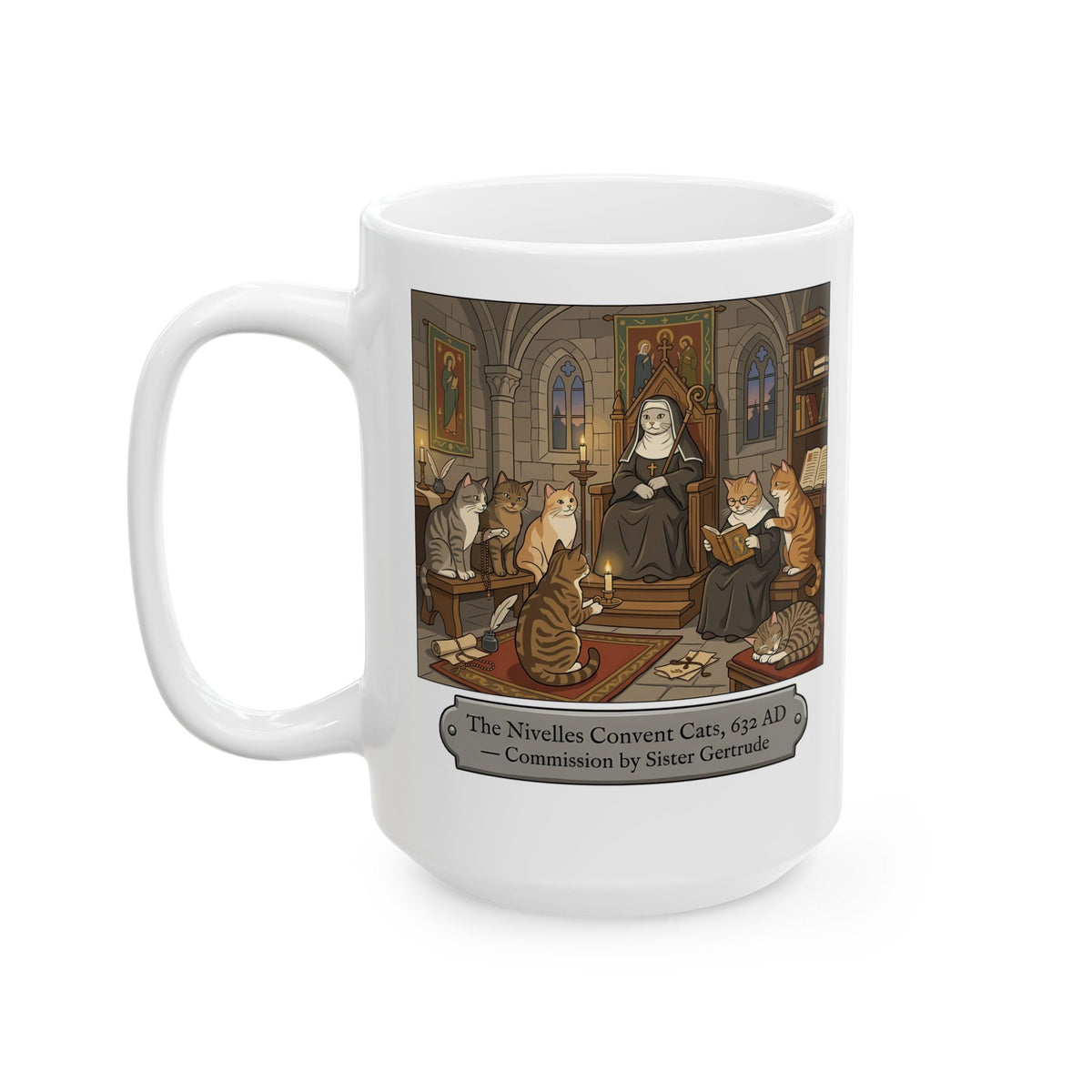 Nivelles Convent Cats Ceramic Mug — Vintage-Inspired Cat Illustration Mug