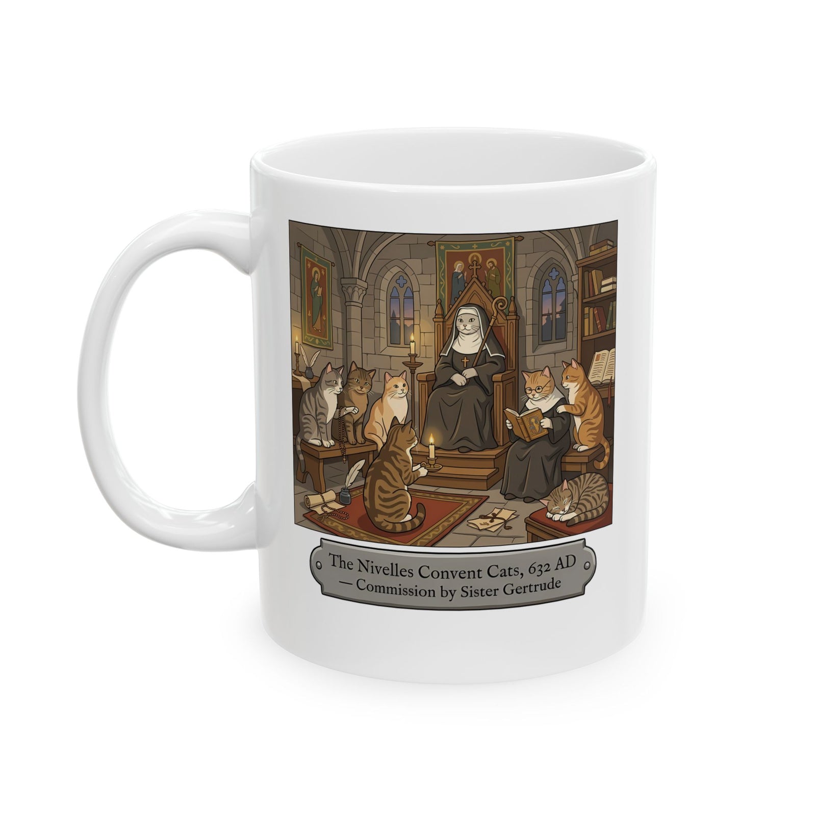 Nivelles Convent Cats Ceramic Mug — Vintage-Inspired Cat Illustration Mug